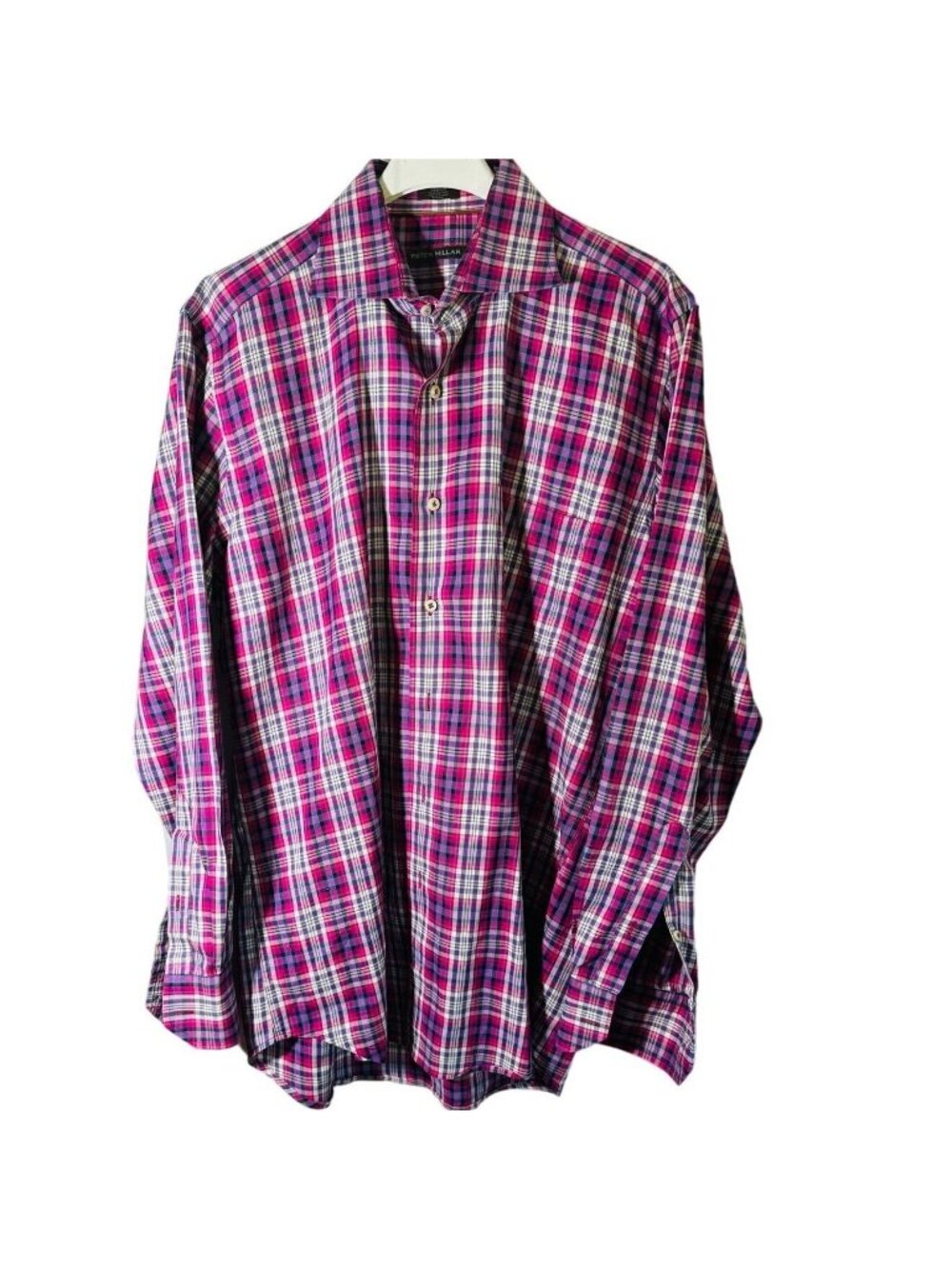 Peter Millar 100% Cotton Purple Blue Black Plaid Long Sleeve Botton Down Mens M